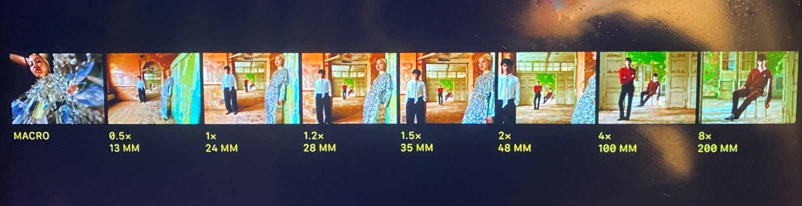 Apple's iPhone 17 Pro zoom strip showing the same scene at Macro, 0.5x 13 mm, 1x 24 mm, 1.2x 28 mm, 1.5x 35 mm, 2x 48 mm, 4x 100 mm and 8x 200 mm